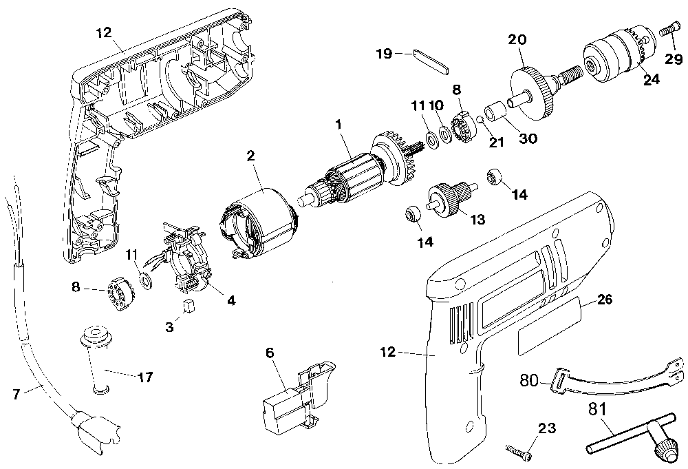 Exploded Diagram A Diagram and Parts List for 7151-38 Type 1 Black and Decker Drill